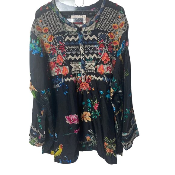 Johnny Was Biya Veda Bird Botanical Silk Blouse 3X Black Embroidered Repaired - Picture 3 of 11